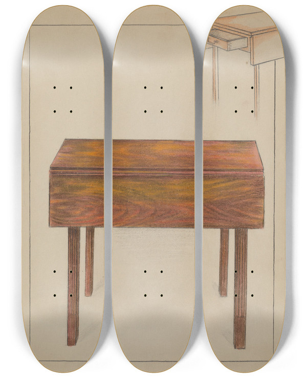 Triptych art skateboard deck of Ruth Bialostosky Drop Leaf Table by Ruth Bialostosky