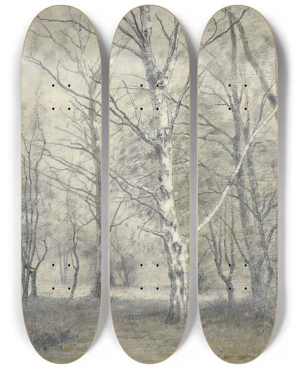 Triptych art skateboard deck of Alphonse Stengelin Bos Met Berkebomen by Alphonse Stengelin (1852-1938)