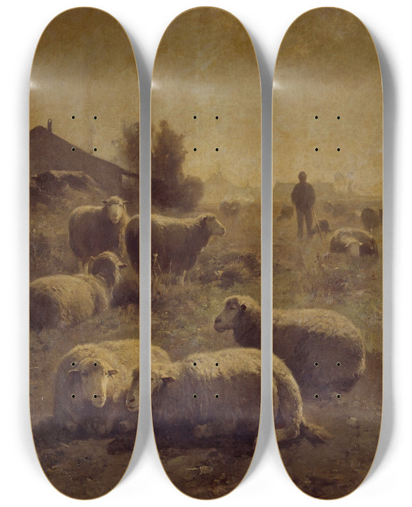Triptych art skateboard deck of Cornelius Van Leemputten The Flock by Cornelius Van Leemputten (1841-1902)