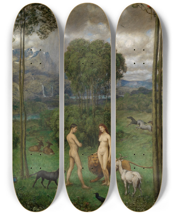 Triptych art skateboard deck of Hans Thoma Im Paradies by Hans Thoma (1839-1924)