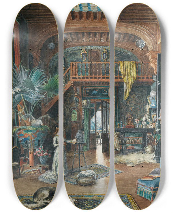 Triptych art skateboard deck of Mariedsire Bourgoin Sarah Bernhardt Sculpting In Her Studio by Marie-Dsire Bourgoin (1839-1912)