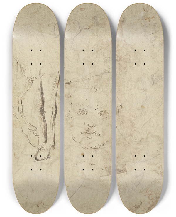 Triptych art skateboard deck of Annibale Carracci Studienblatt Die Vorderlufe Eines Pferdes Sowie Ein Kinderkopf En Face by Annibale Carracci (1560-1609)