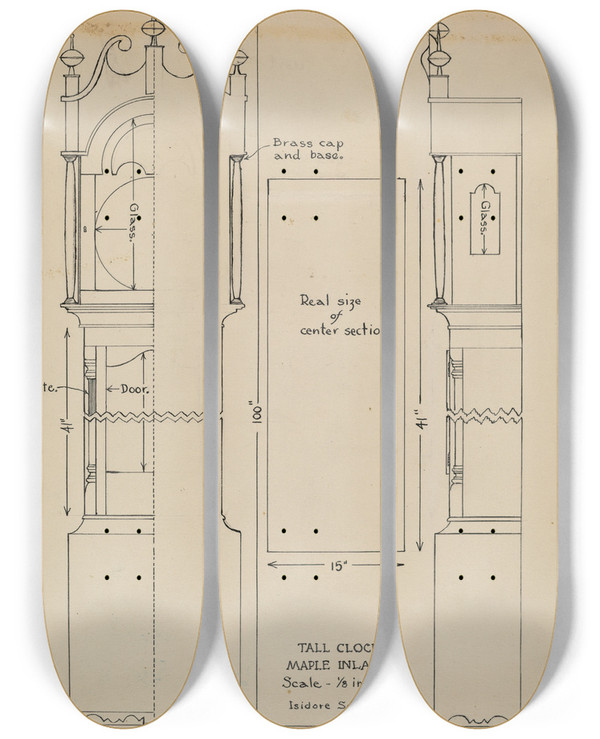 Triptych art skateboard deck of Isidore Sovensky Tall Clock by Isidore Sovensky