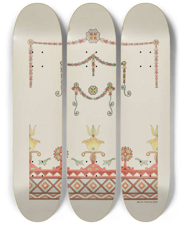 Triptych art skateboard deck of Randolph F Miller Wall Decorations Drawing Made From A Restoration by Randolph F Miller