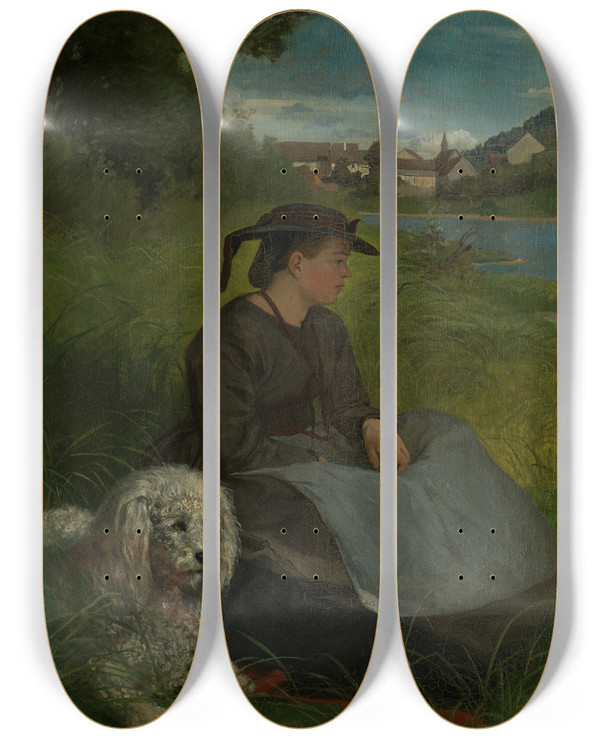 Triptych art skateboard deck of Hans Thoma Agathe With White Dog by Hans Thoma (1839-1924)