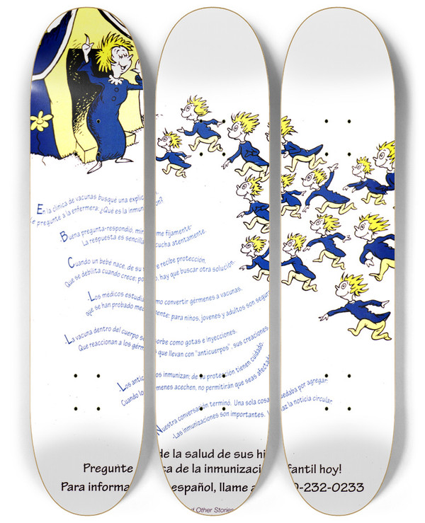 Triptych art skateboard deck of Centers For Disease Control And Prevention Cuide La Salud De Sus Hijos by Centers for Disease Control and Prevention (1946)