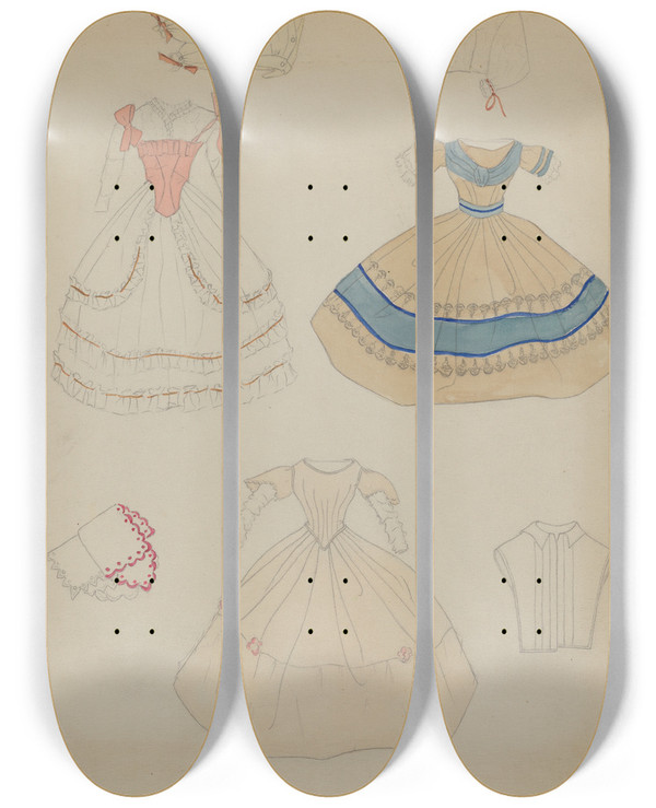 Triptych art skateboard deck of Mina Lowry Doll And Wardrobe_1 by Mina Lowry (1894-1942)