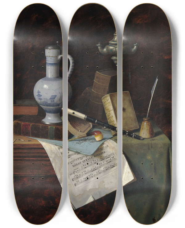 Triptych art skateboard deck of William Michael Harnett My Gems by William Michael Harnett (1848-1892)