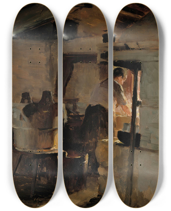 Triptych art skateboard deck of Albert Edelfelt At The Stove by Albert Edelfelt (1854-1905)