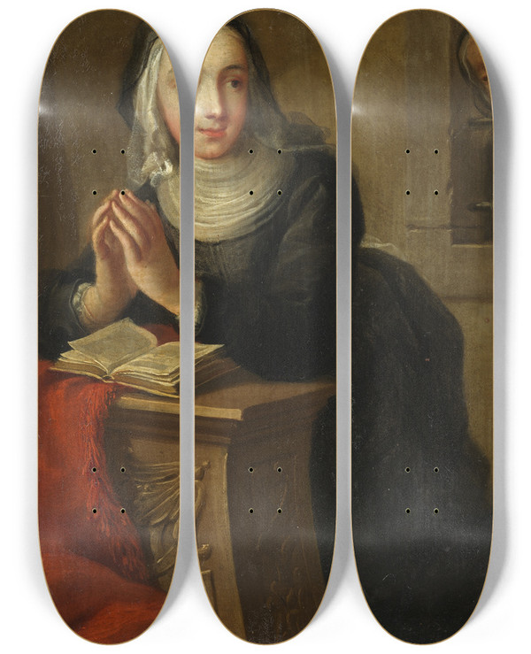Triptych art skateboard deck of Martin Van Meytens Kneeling Nun_2 by Martin Van Meytens (1695-1770)