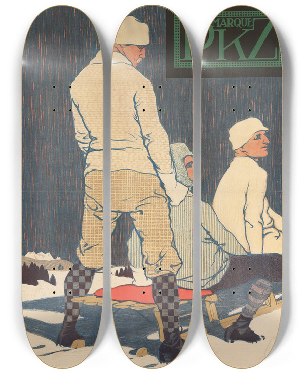 Triptych art skateboard deck of Burkhard Mangold Marque Pkz by Burkhard Mangold (1873-1950)