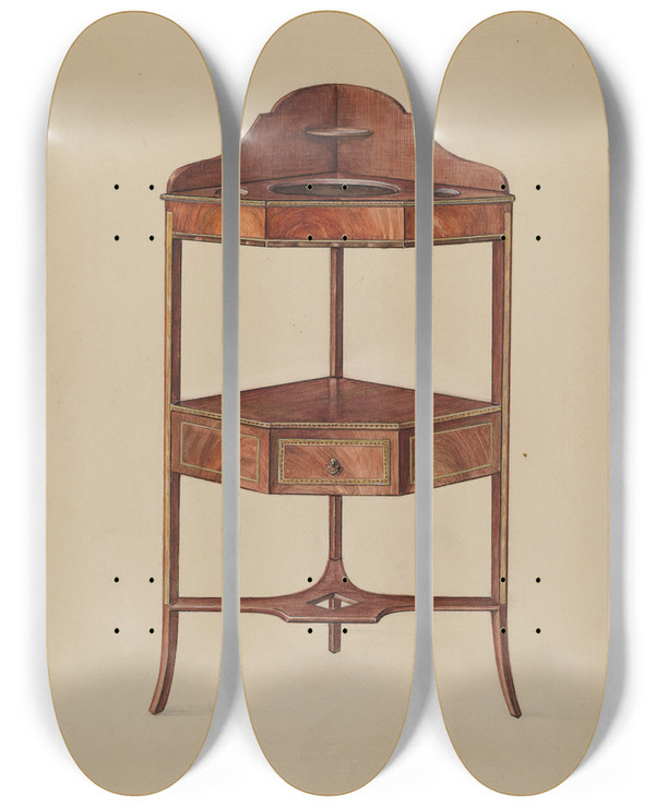 Triptych art skateboard deck of Bernard Gussow Corner Washstand by Bernard Gussow