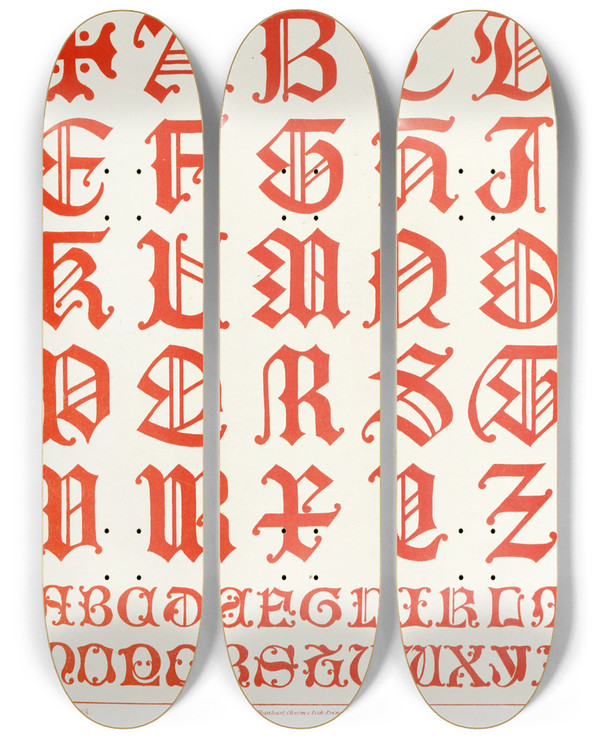 Triptych art skateboard deck of Augustus Pugin Alphabets 2 by Augustus Pugin (1812-1852)