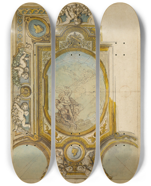 Triptych art skateboard deck of Charles De La Fosse Studies For A Ceiling Decoration_2 by Charles De La Fosse (1636-1716)