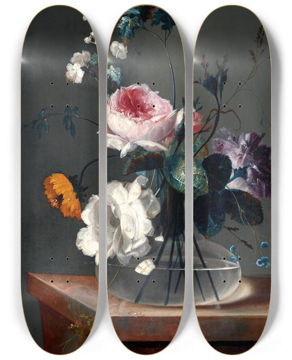 Triptych art skateboard deck of Johann Baptist Drechsler Blumenstillleben by Johann Baptist Drechsler (1756-1811)