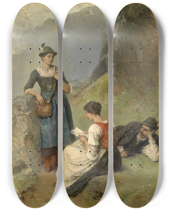 Triptych art skateboard deck of Mathias Schmid Die Postbotin by Mathias Schmid (1835-1923)