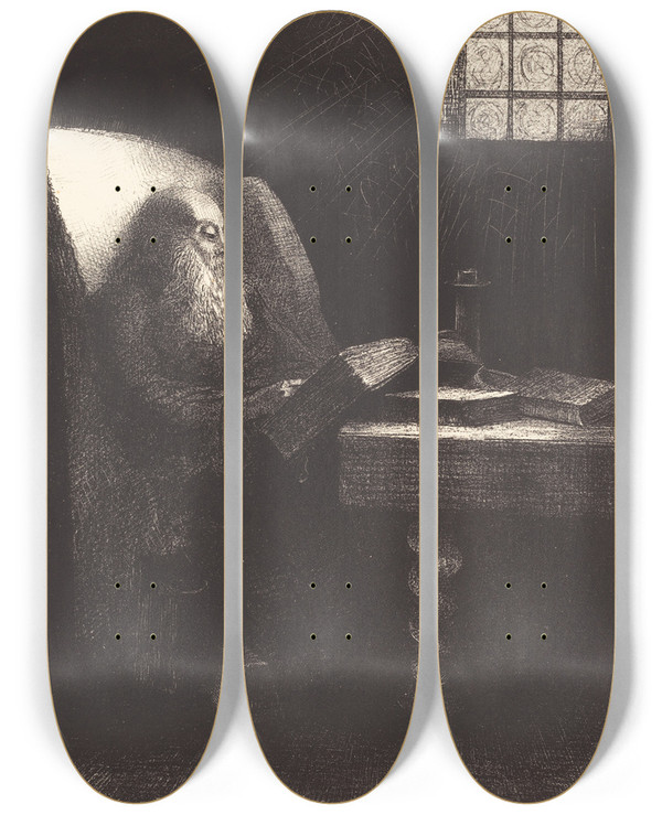 Triptych art skateboard deck of Odilon Redon Le Liseur The Reader by Odilon Redon (1840-1916)