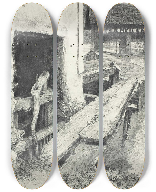 Triptych art skateboard deck of Adolph Von Menzel Sluice by Adolph Von Menzel (1815-1905)