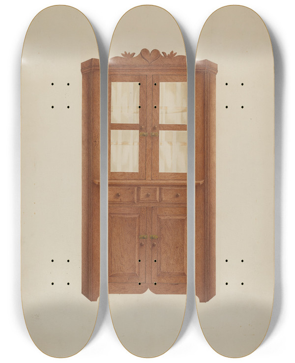 Triptych art skateboard deck of Joseph Ficcadenti Corner Cupboard by Joseph Ficcadenti