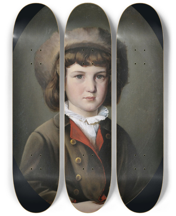 Triptych art skateboard deck of Anton Ebert Bildnis Eines Jungen In Grner Jacke Mit Pelzmtze by Anton Ebert (1845-1896)