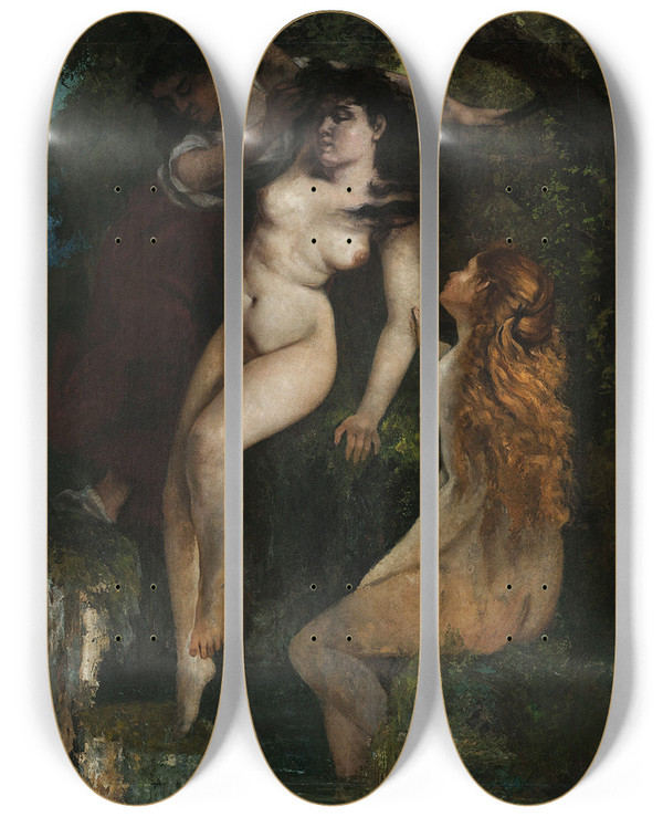 Triptych art skateboard deck of Gustave Courbet Trois Baigneuses by Gustave Courbet (1819-1877)