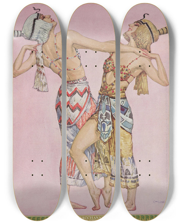 Triptych art skateboard deck of Carl Link Bacchanale by Carl Link (1887-1968)