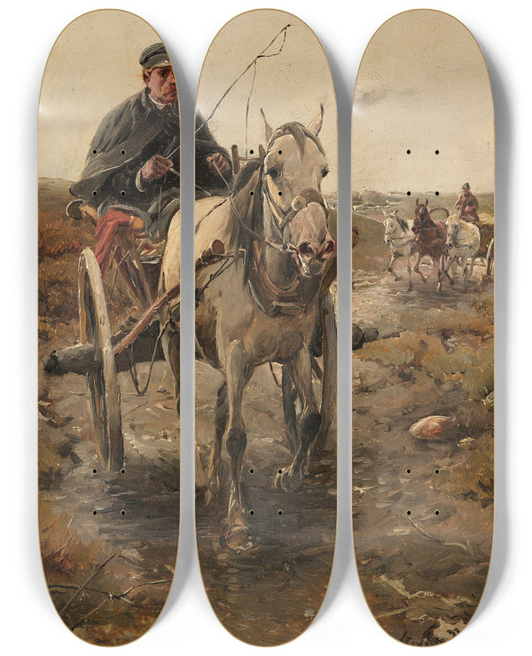 Triptych art skateboard deck of Alfred Von Wieruszkowalski Kutschfahrt by Alfred Von Wierusz-Kowalski (1849-1915)