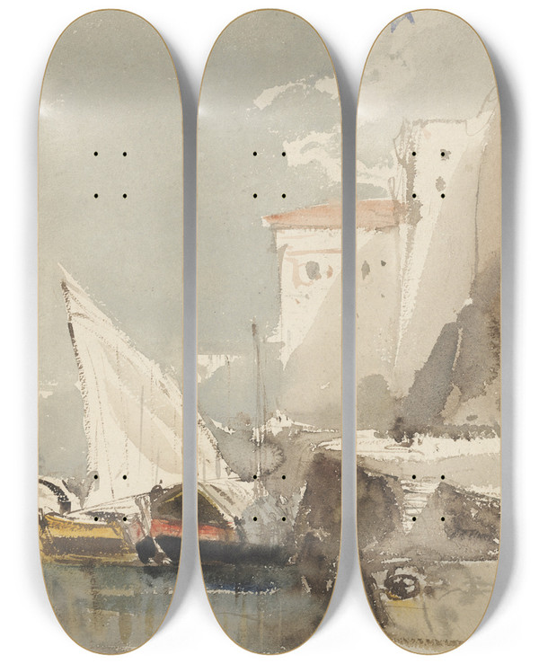 Triptych art skateboard deck of Eugne Isabey Sailboats In A Sunlit Harbor Recto by Eugene Isabey (1803-1886)