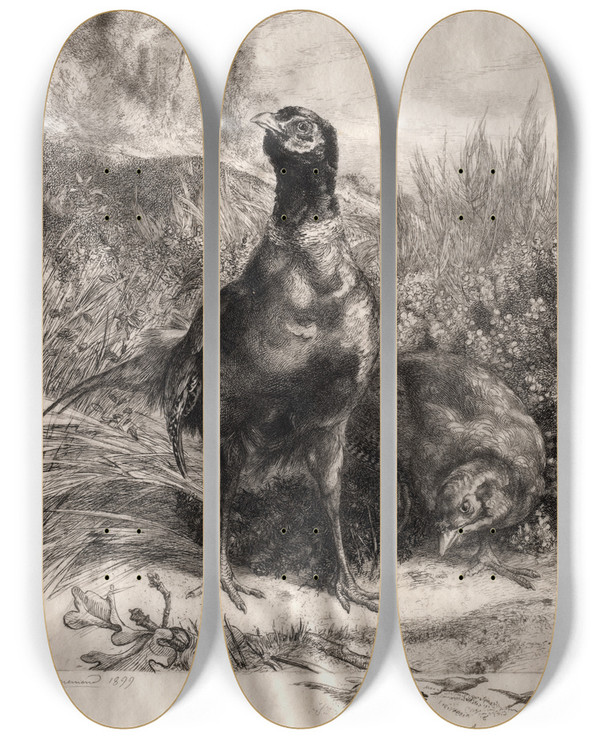 Triptych art skateboard deck of Flix Bracquemond The Pheasants by Felix Bracquemond (1833-1914)