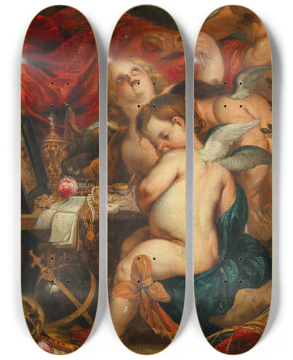 Triptych art skateboard deck of Frans Wouters A Vanitas With Putti by Frans Wouters (1612-1659)