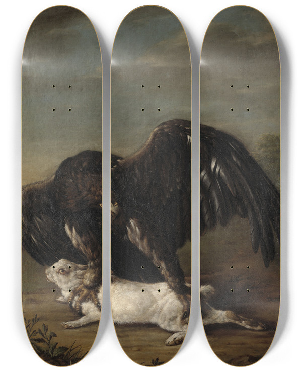 Triptych art skateboard deck of Johann Friedrich Grooth Eagle Catching A Hare by Johann Friedrich Grooth