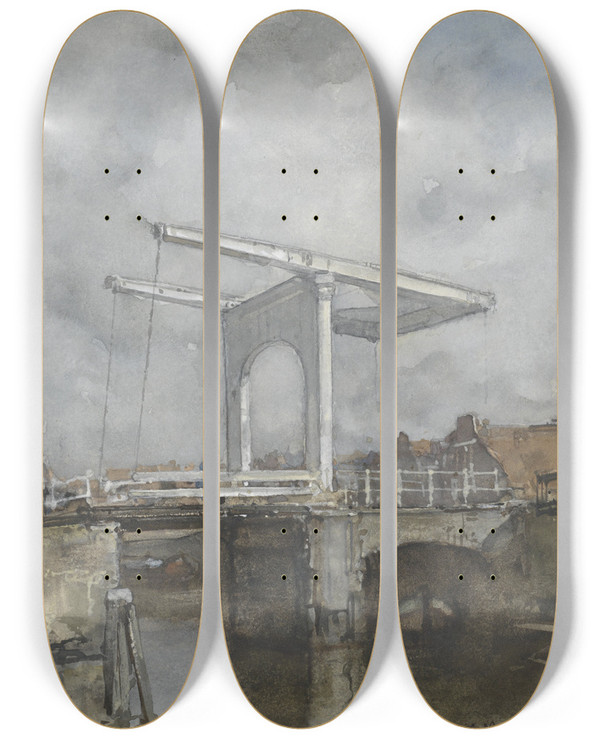 Triptych art skateboard deck of Jacob Maris The Drawbridge by Jacob Maris (1837-1899)