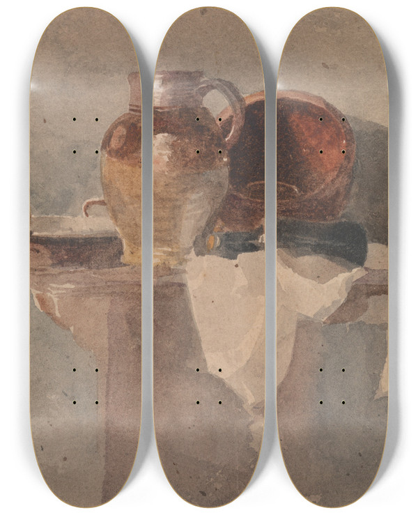 Triptych art skateboard deck of Peter Dewint Still Life With A Jug And Copper Pan by Peter Dewint (1784-1849)