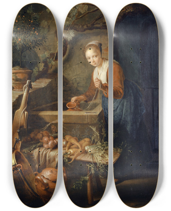 Triptych art skateboard deck of Gerrit Dou Kitchen Maid At The Well_2 by Gerrit Dou (1613-1675)