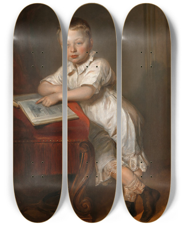 Triptych art skateboard deck of Franz Schrotzberg A Young Reader by Franz Schrotzberg (1811-1889)