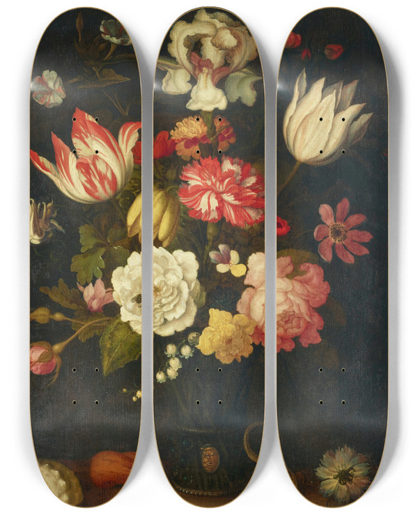 Triptych art skateboard deck of Balthasar Van Der Ast Tulips Carnations Roses And Other Flowers In A Roemer With Shells And A Lizard On A Ledge by Balthasar Van Der Ast (1593-1657)