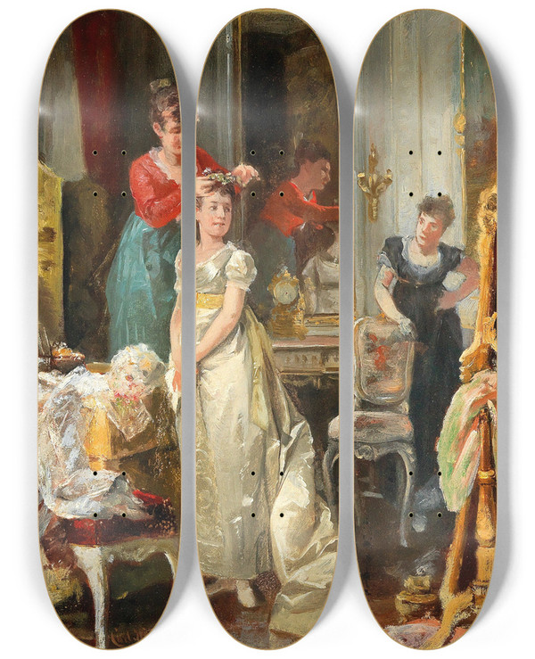 Triptych art skateboard deck of Carl Herpfer Adorning The Bride by Carl Herpfer (1836-1897)
