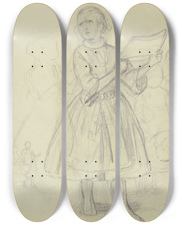 Triptych art skateboard deck of Jakob Becker Mdchen Mit Einem Papierbogen_3 by Jakob Becker (1810-1872)