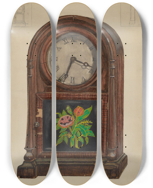 Triptych art skateboard deck of John Cutting Mantle Clock by John Cutting