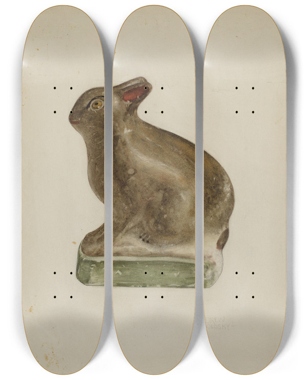 Triptych art skateboard deck of Andrew Topolosky Seated Chalkware Rabbit by Andrew Topolosky