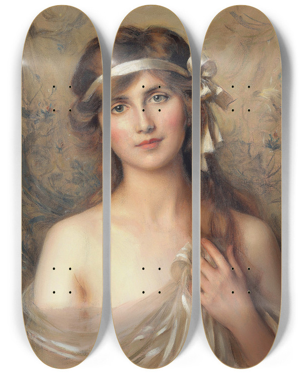 Triptych art skateboard deck of Albert Lynch The White Ribbon by Albert Lynch (1860-1950)