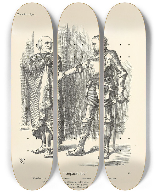 Triptych art skateboard deck of Sir John Tenniel Separatists by Sir John Tenniel (1820-1914)