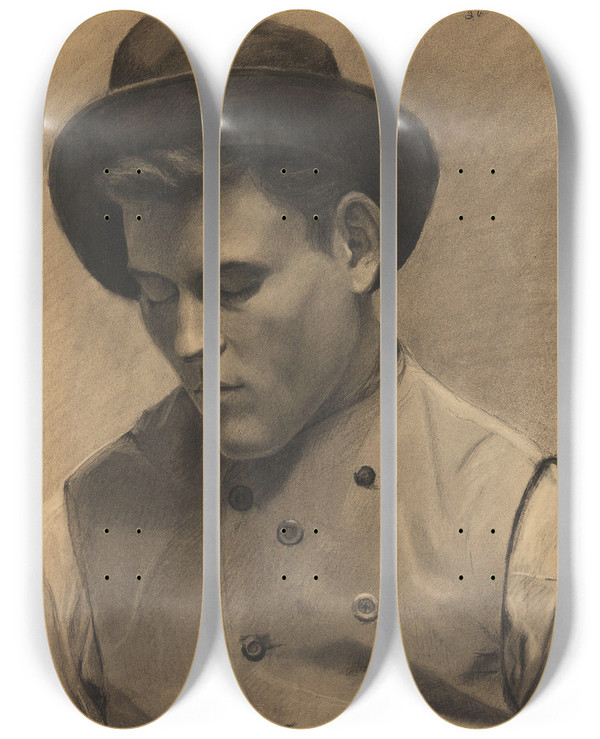 Triptych art skateboard deck of Gustav Wentzel Young Man With Hat by Gustav Wentzel (1859-1927)