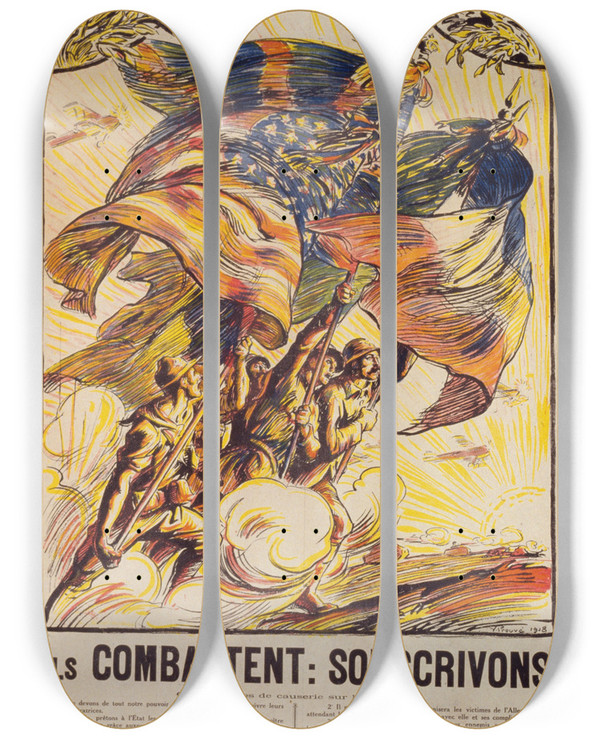 Triptych art skateboard deck of Victor Emile Prouv Ils Combattent Souscrivons by Victor Emile Prouve (1858-1943)