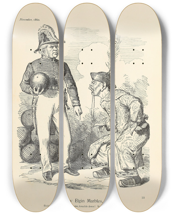 Triptych art skateboard deck of Sir John Tenniel New Elgin Marbles by Sir John Tenniel (1820-1914)