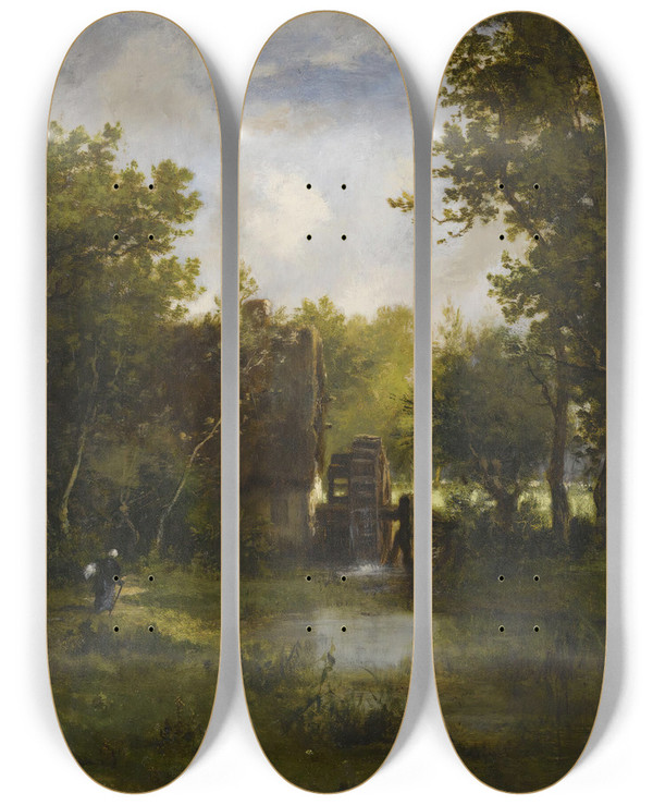 Triptych art skateboard deck of Leon Richet Le Moulin A Eau by Leon Richet (1847-1902)