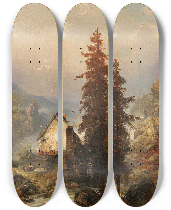 Triptych art skateboard deck of Carl Hilgers Mhle Im Gebirgstal by Carl Hilgers (1818-1890)