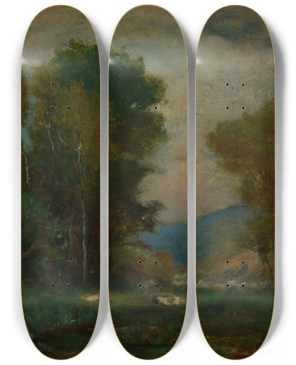 Triptych art skateboard deck of George Inness Cows By A Stream by George Inness (1825-1894)