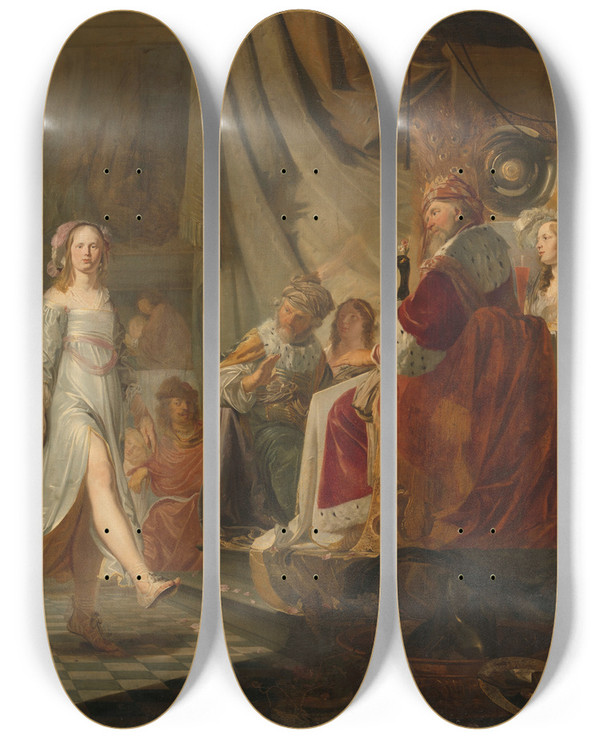 Triptych art skateboard deck of Hans Horions Salome Dancing For Herod by Hans Horions (1634-1672)