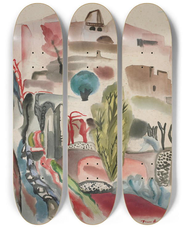 Triptych art skateboard deck of Frances Hodgkins Hill With Cypresses by Frances Hodgkins (1869-1947)